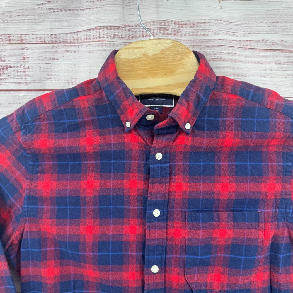 Charles Tyrwhitt  Flannel Shirt Mens Large Slim Fit Plaid Cotton Pocket Casual - Picture 2 of 9
